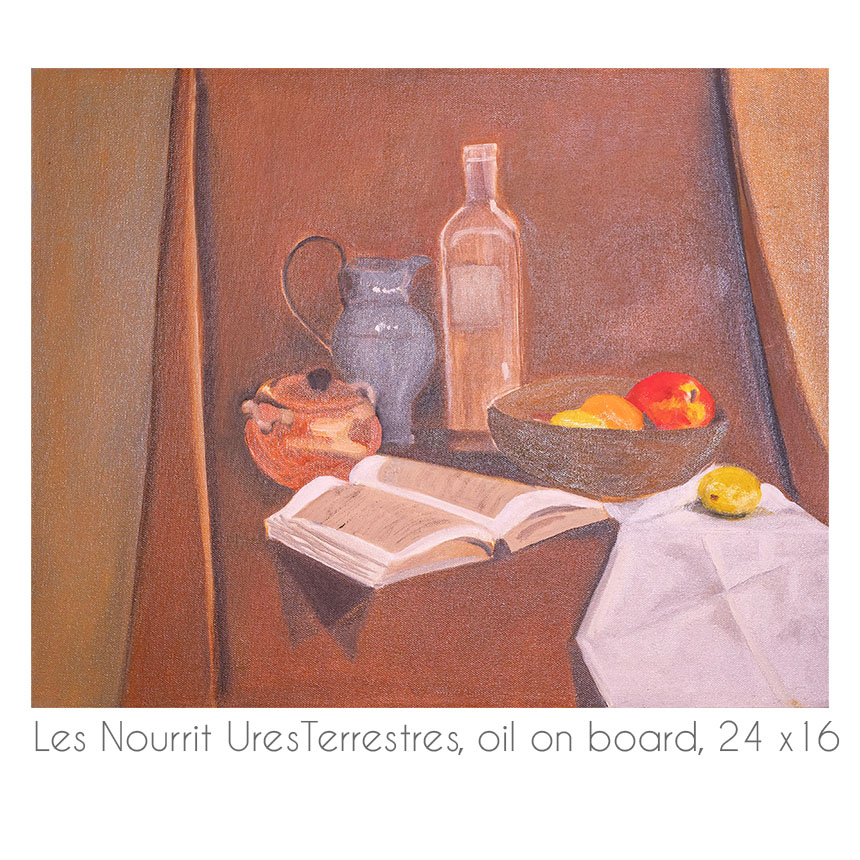 painting fruits, bottle, book